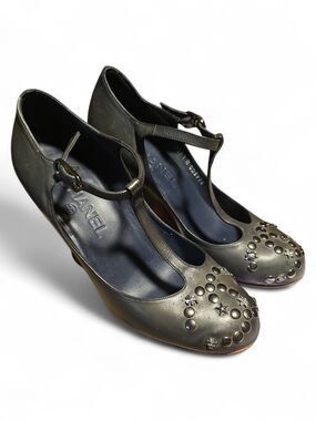 CHANEL Black T-Strap Studded Leather Pumps